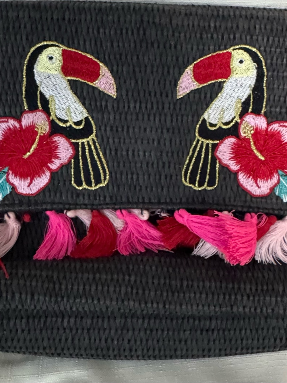 Skinnydip Embroidered Toucan Tassel Straw Clutch - Black & Pink